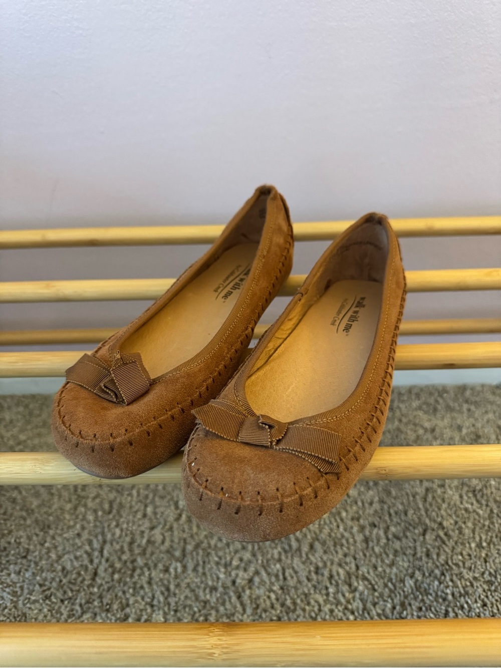 Coldwater Creek Tan Suede Moccasin Flats with Bow Accent